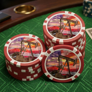 Patriotic Pumpjack at Sunset Pastel Drawing Art Poker Chips