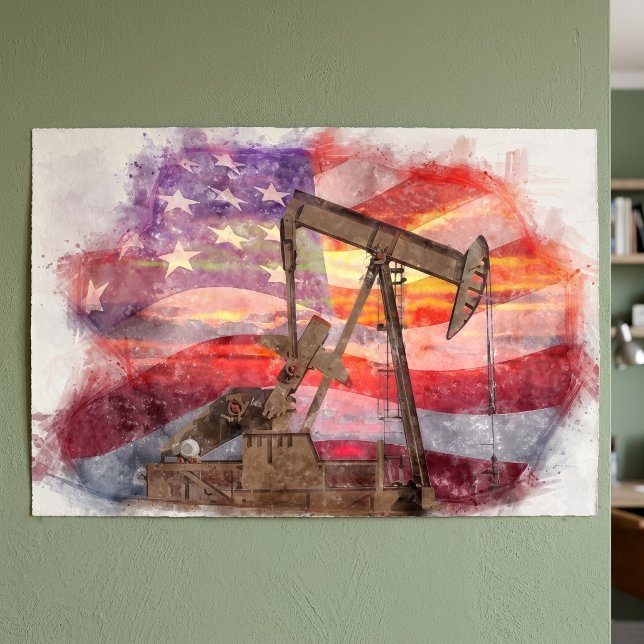 Patriotic Pumpjack at Sunset Pastel Drawing Art Poster (Patriotic Pumpjack at Sunset Pastel Drawing Art. Poster)