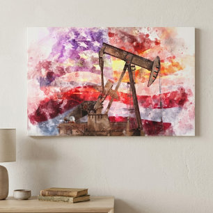 Patriotic Pumpjack Watercolor Sunset Art Canvas Print
