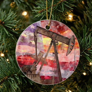 Patriotic Pumpjack Watercolor Sunset Art Ceramic Tree Decoration
