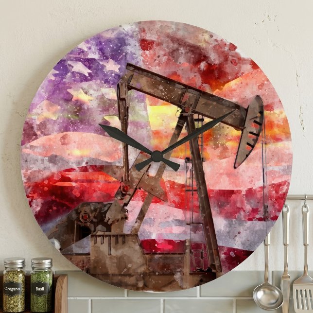 Patriotic Pumpjack Watercolor Sunset Art Large Clock (Patriotic Pumpjack Watercolor Sunset Art. Large Clock)