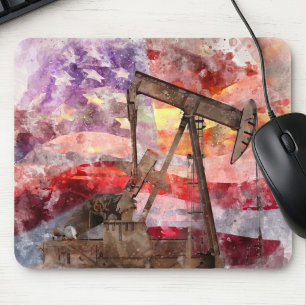 Patriotic Pumpjack Watercolor Sunset Art Mouse Pad