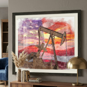Patriotic Pumpjack Watercolor Sunset Art Photo Print
