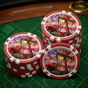 Patriotic Pumpjack Watercolor Sunset Art Poker Chips
