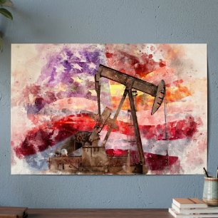 Patriotic Pumpjack Watercolor Sunset Art Poster