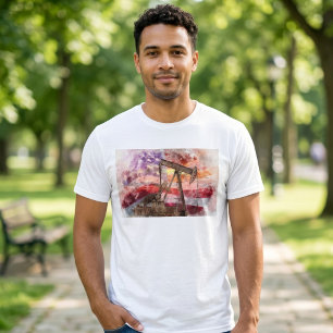 Patriotic Pumpjack Watercolor Sunset Art T-Shirt