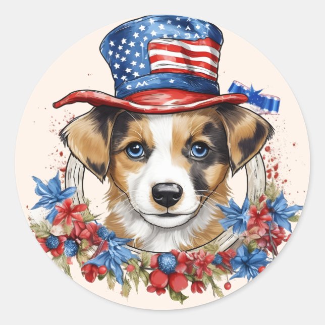 Patriotic Puppy 4th of July USA Independence Day Classic Round Sticker (Front)