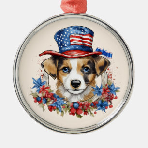 Patriotic Puppy 4th of July USA Independence Day Metal Tree Decoration