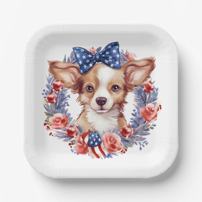 Patriotic Puppy 4th of July USA Independence Day Paper Plate (Front)