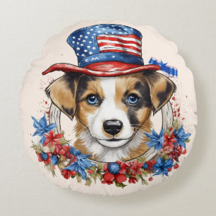 Patriotic Puppy 4th of July USA Independence Day Round Cushion