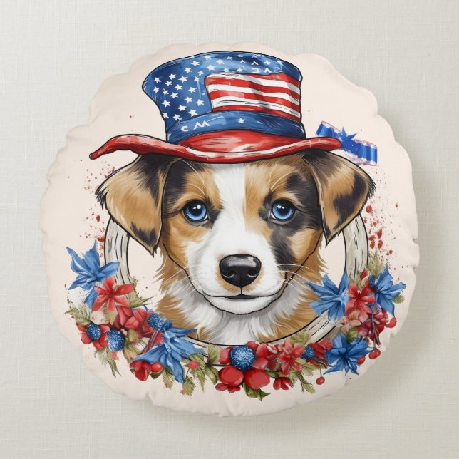 Patriotic Puppy 4th of July USA Independence Day Round Cushion (Front)