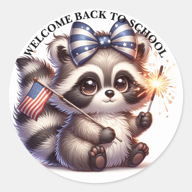 Patriotic Racoon Back To School Classic Round Sticker (Front)