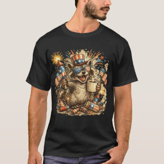 Patriotic Racoon Coffee Fireworks 4th of July Tee