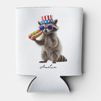 Patriotic Racoon Holding Hot Dog Funny Can Cooler