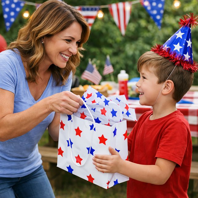 Patriotic Red and Blue Star Modern Pattern Large Gift Bag (A gift bag with a red and blue star pattern on a white background)