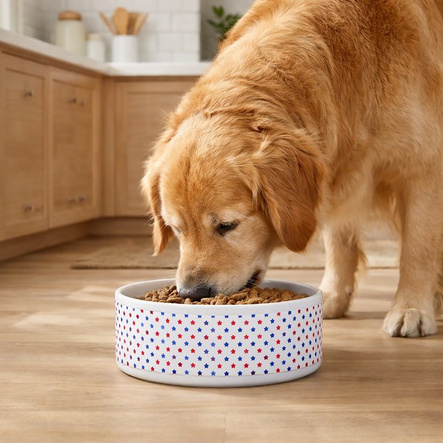 Patriotic Red and Blue Star Pattern (A dog bowl with a red and blue star pattern.)