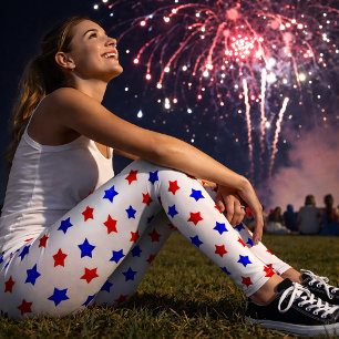 Patriotic Red and Blue Star Pattern on White Leggings