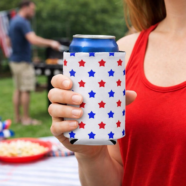 Patriotic Red and Blue Star Toss Pattern  Can Cooler (A can cooler with a red and blue star pattern.)