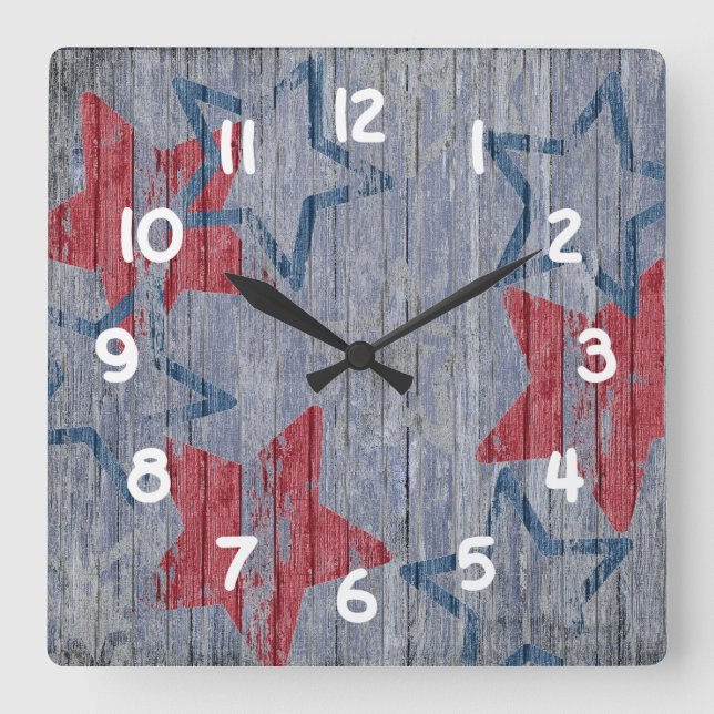 Patriotic Red and Blue Stars - Blue Barnboard Square Wall Clock (Front)