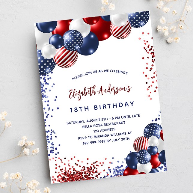 Patriotic red blue white balloons birthday luxury invitation (Creator Uploaded)