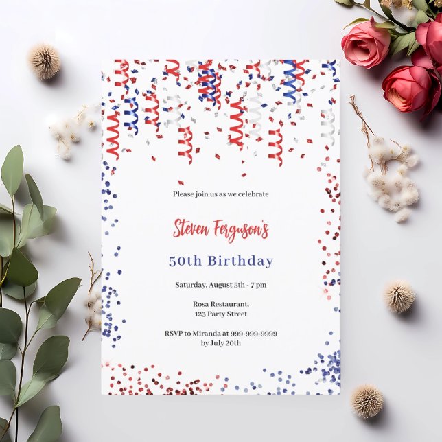Patriotic red blue white confetti birthday party invitation (Creator Uploaded)