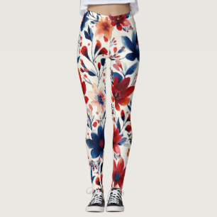 Patriotic Red Blue White Floral (10) Leggings