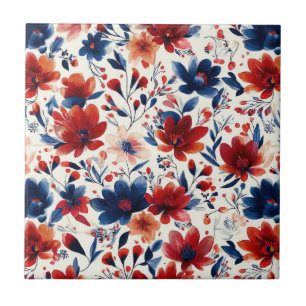 Patriotic Red Blue White Floral (10) Tile
