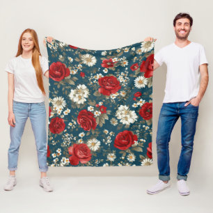 Patriotic Red Blue White Floral (11) Fleece Blanket