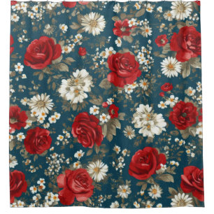 Patriotic Red Blue White Floral (11) Shower Curtain
