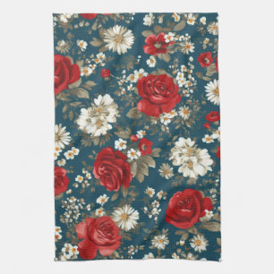 Patriotic Red Blue White Floral (11) Tea Towel