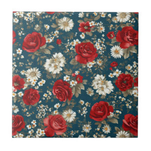 Patriotic Red Blue White Floral (11) Tile