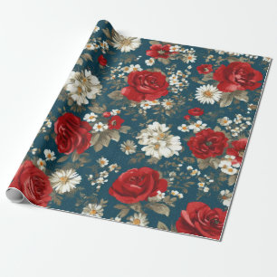 Patriotic Red Blue White Floral (11) Wrapping Paper