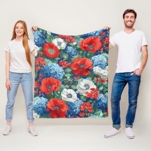 Patriotic Red Blue White Floral (1) Fleece Blanket