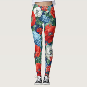 Patriotic Red Blue White Floral (1) Leggings