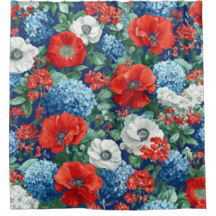 Patriotic Red Blue White Floral (1) Shower Curtain