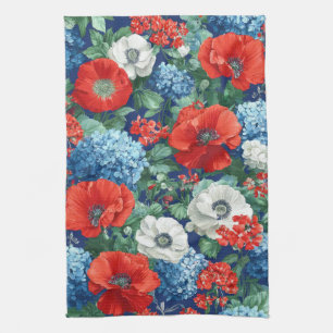 Patriotic Red Blue White Floral (1) Tea Towel