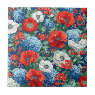 Patriotic Red Blue White Floral (1) Tile