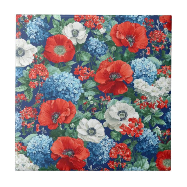 Patriotic Red Blue White Floral (1) Tile (Front)