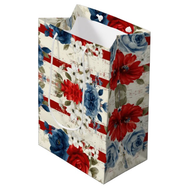 Patriotic Red Blue White Floral (2) Medium Gift Bag (Front Angled)