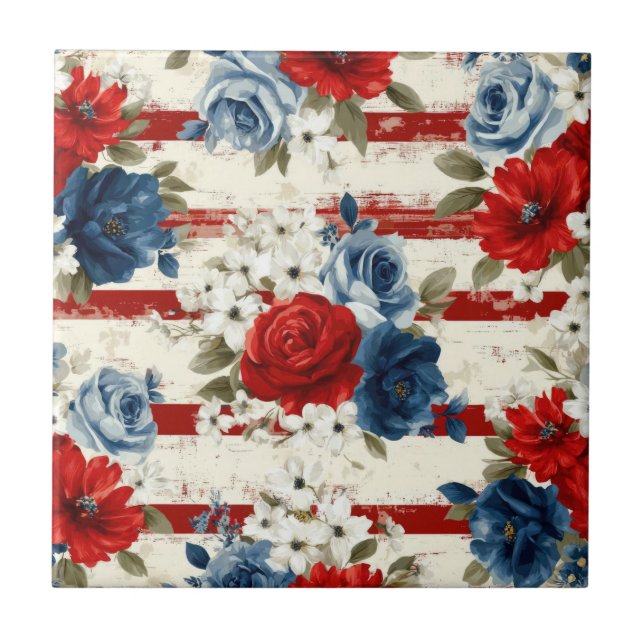 Patriotic Red Blue White Floral (2) Tile (Front)