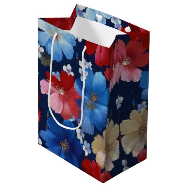 Patriotic Red Blue White Floral (3) Medium Gift Bag (Front Angled)