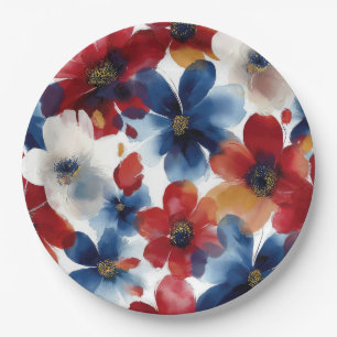 Patriotic Red Blue White Floral (5) Paper Plate