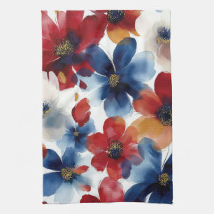 Patriotic Red Blue White Floral (5) Tea Towel