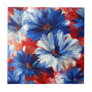 Patriotic Red Blue White Floral (6) Tile