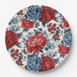 Patriotic Red Blue White Floral (7) Paper Plate