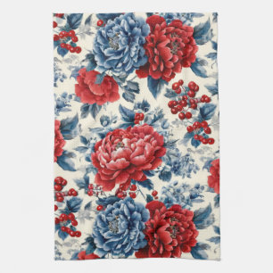 Patriotic Red Blue White Floral (7) Tea Towel