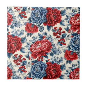 Patriotic Red Blue White Floral (7) Tile
