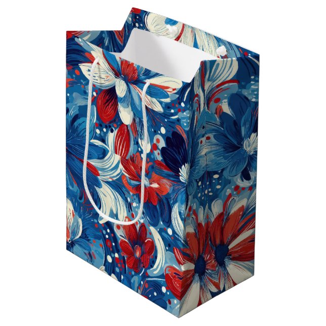 Patriotic Red Blue White Floral (8) Medium Gift Bag (Front Angled)