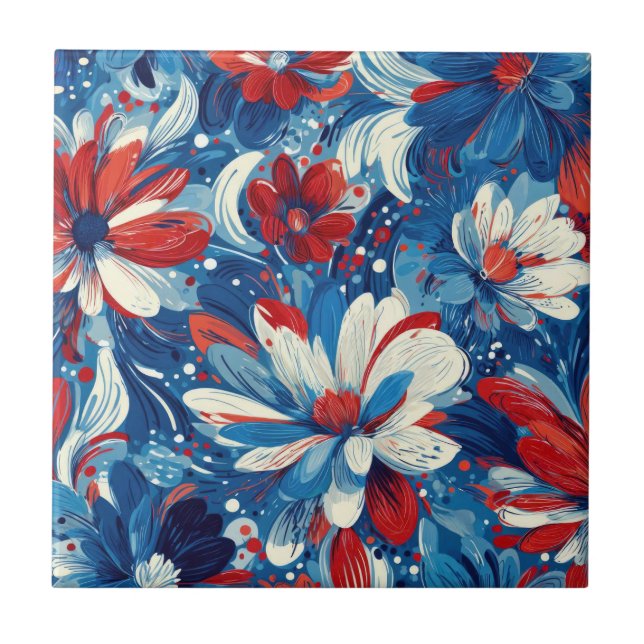 Patriotic Red Blue White Floral (8) Tile (Front)