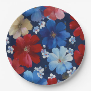 Patriotic Red Blue White Floral (9) Paper Plate